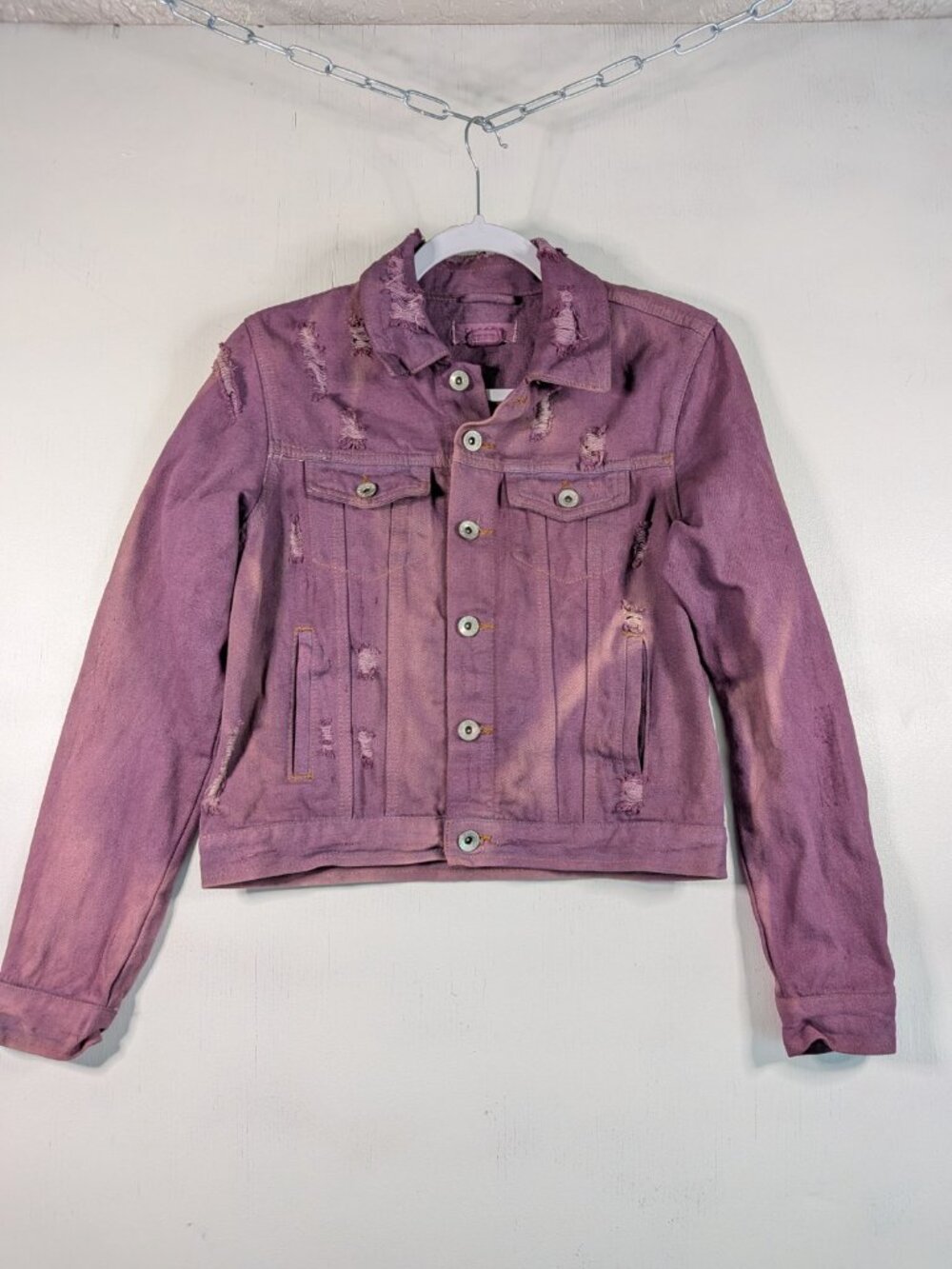 Hand Dyed Purple Distressed Denim Jacket Womens S One of a Kind Rework